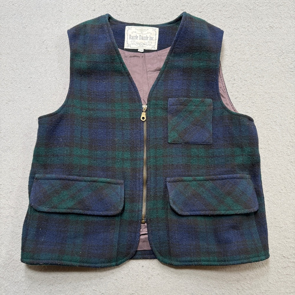 Vintage 90s Blackwatch Tartan Vest Sz Medium Plaid Wool Zip Utility Pockets
